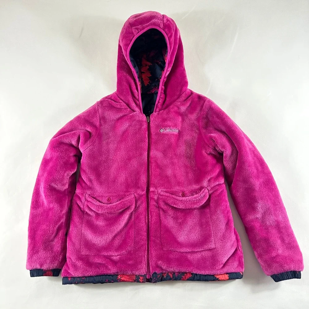 Columbia Girls Medium 10/12 Reversible Hooded Jacket Pink Navy Fleece‎ SG7673